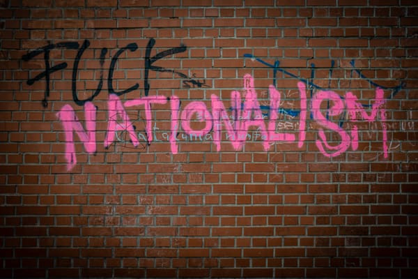 Grafitti that says "FUCK NATIONALISM" in big black ("fuck") and pink ("nationalism") block letters on a red brick wall.